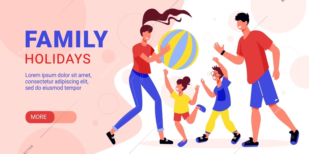 Family active holidays horizontal banner with editable text more button and human characters of family members vector illustration