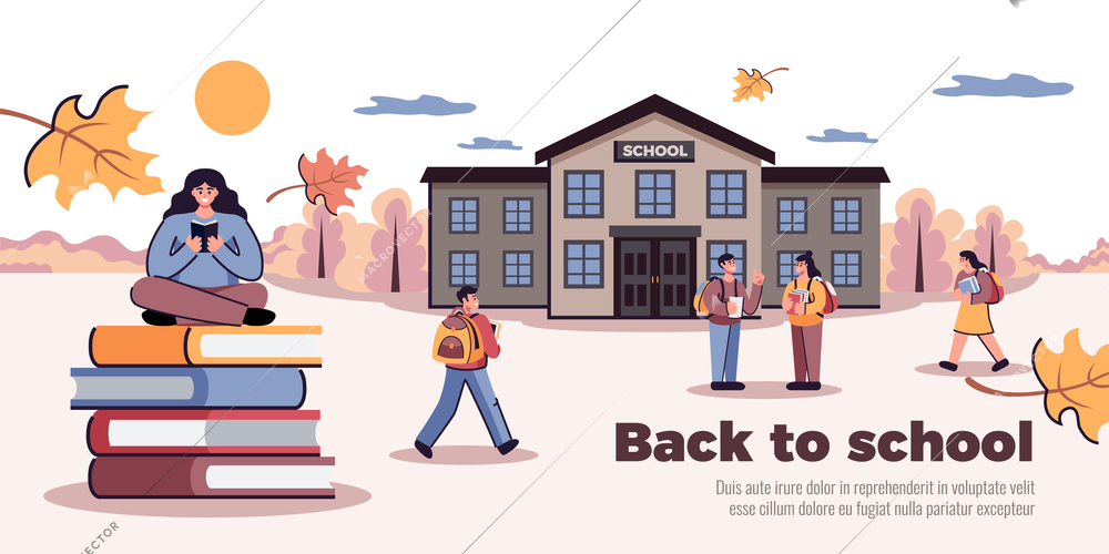 Back to school flat horizontal banner with autumn leaves books pile building entrance scholieren talking reading illustration