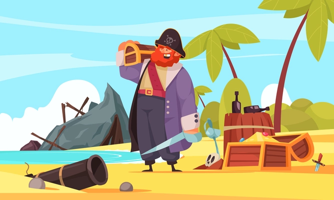 Pirate composition with island landscape cartoon human character with treasure chest rum bottles and ship wreck vector illustration