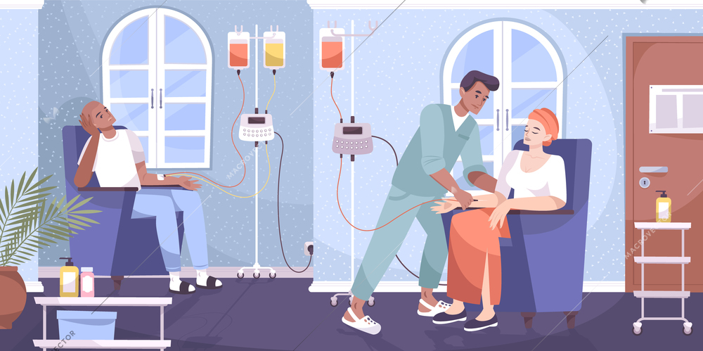 Oncological patients undergoing intravenous chemotherapy infusion cancer treatment administrated by male nurse flat composition vector illustration