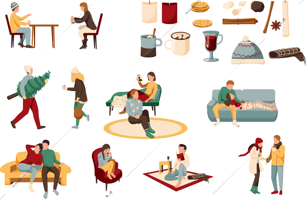 Cozy winter flat collection of isolated icons with people wearing warm clothes candles and drinks ingredients vector illustration