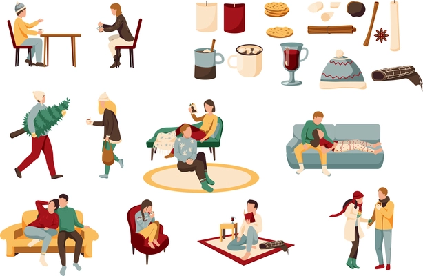 Cozy winter flat collection of isolated icons with people wearing warm clothes candles and drinks ingredients vector illustration