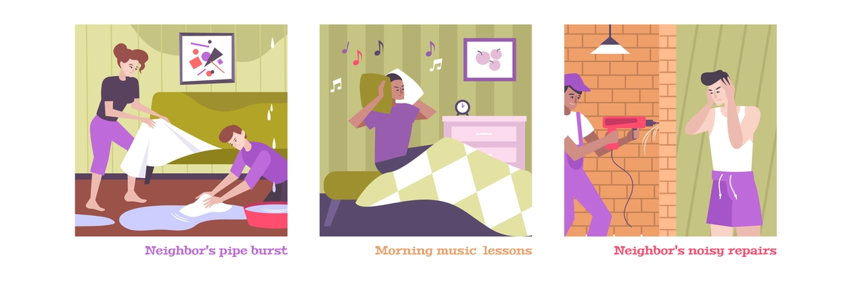 House neighbors conflict set with morning music symbols flat isolated vector illustration