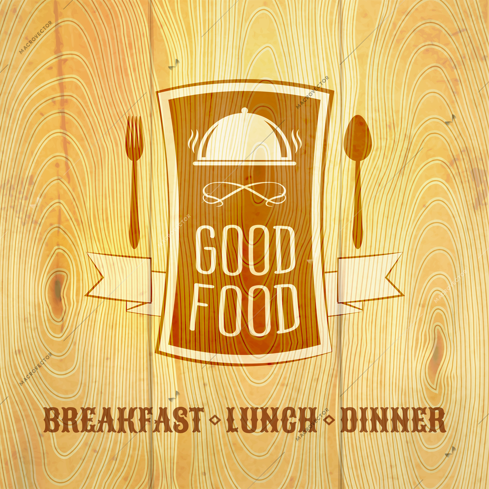 Restaurant menu good food label on wooden background vector illustration