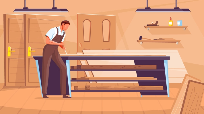 Male carpenter working at door manufacturing workshop flat vector illustration