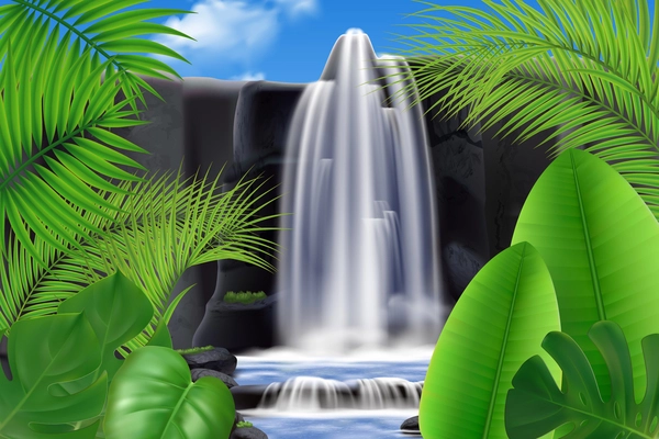 Realistic tropical waterfall background with outdoor landscape and mountain rocks with water flows and exotic leaves vector illustration