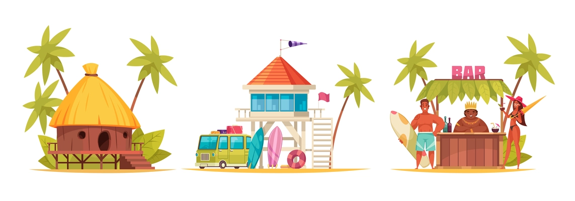 Cartoon and colored hawaii icon set with different bungalow and bar counter vector illustration