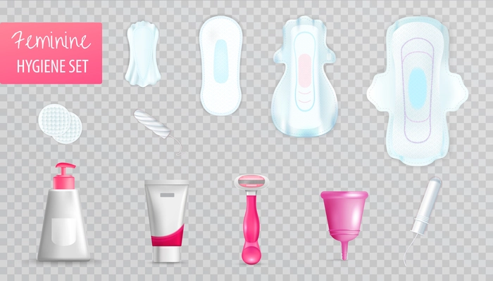 Feminine hygiene transparent set with menstruation symbols realistic isolated vector illustration