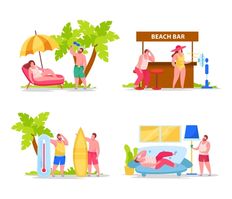 Summertime hot weather heatstroke cause symptoms prevention 4 flat compositions with drinking water fan headache vector illustration