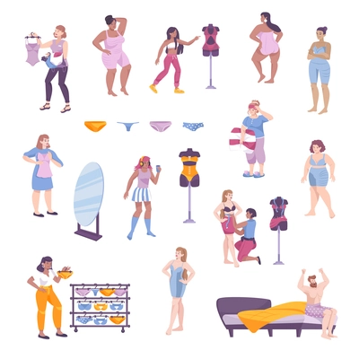 Flat underwear set icon set with different forms types shapes and sizes for men and women vector illustration