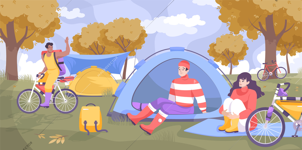 Bike tourism camping flat concept with camp for cyclists where they rest in the park vector illustration