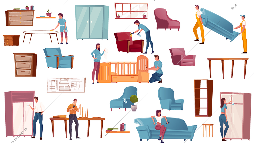 Flat icons set with various furniture items and people making buying assembling cleaning table stool armchair wardrobe isolated vector illustration