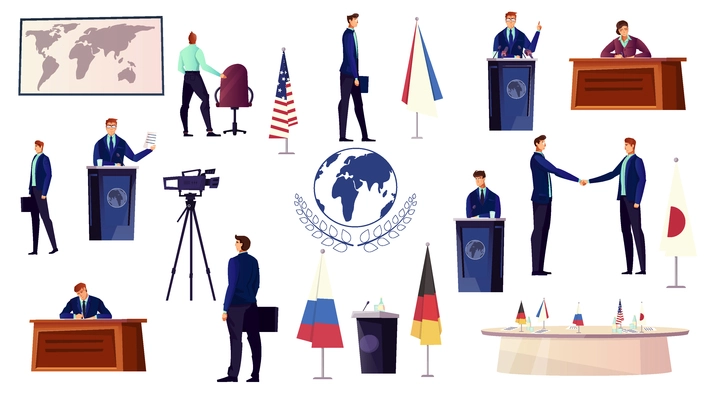 Diplomacy icons set with politics symbols flat isolated vector illustration