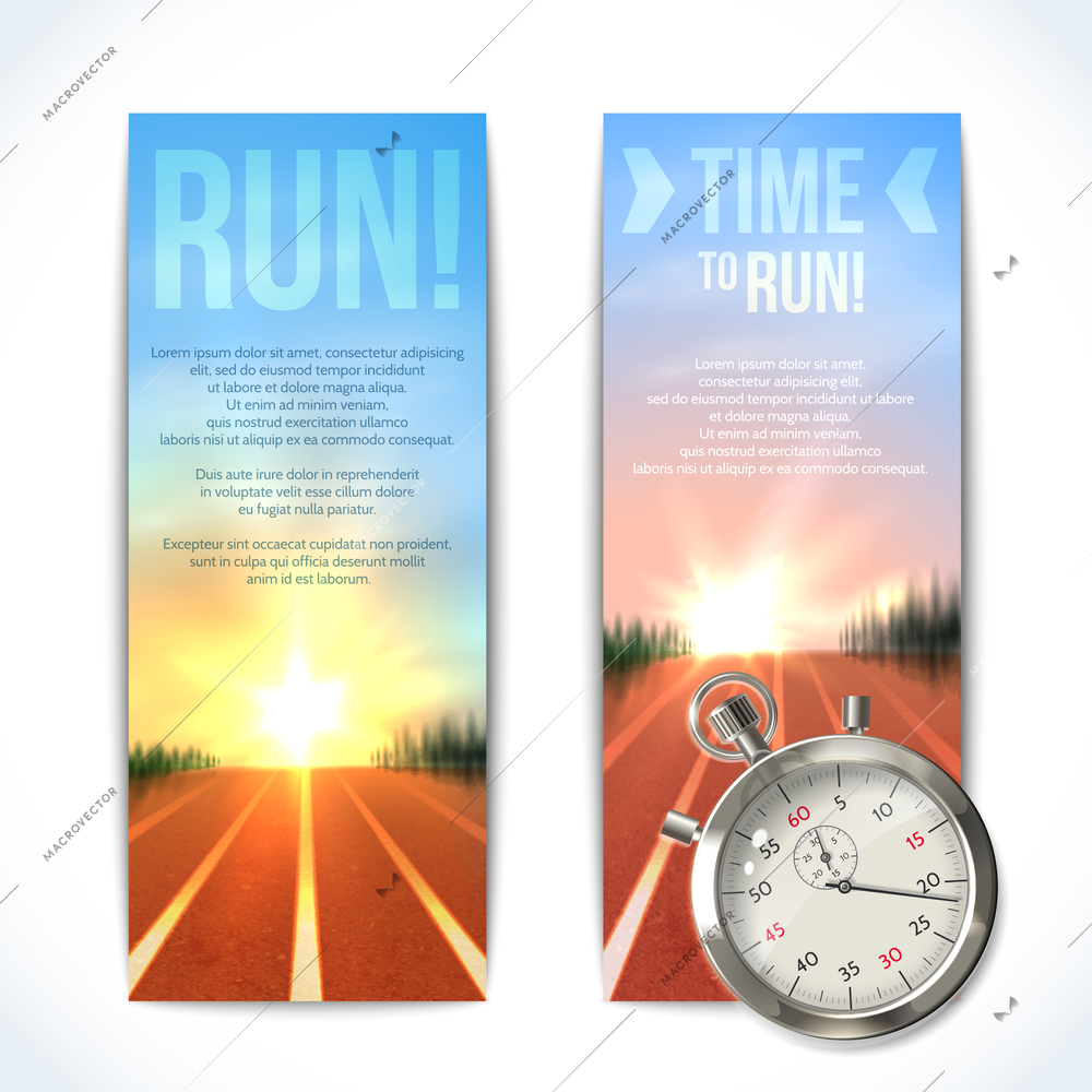 Realistic metallic stopwatch time to run sport vertical banners set isolated vector illustration.