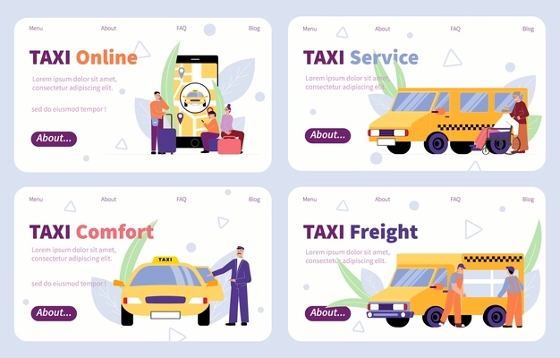Four horizontal taxi service flat  banner set with taxi online service comfort and freight descriptions vector illustration