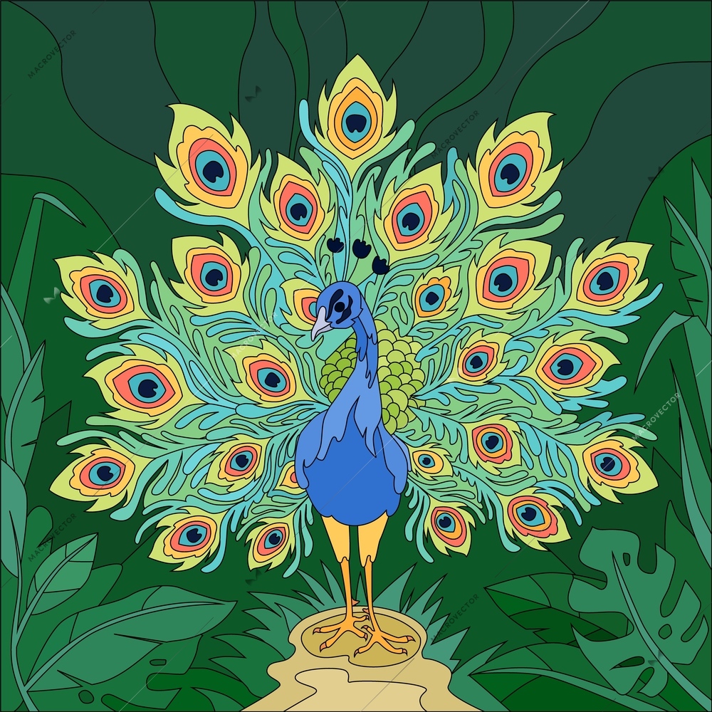 Flat colored tropical bird peacock composition with different colors factures and style vector illustration