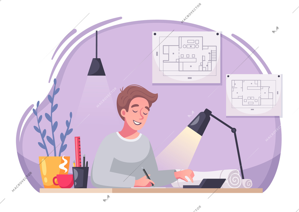 Architect cartoon character works at desk creating new construction projects technical drawings background composition vector illustration