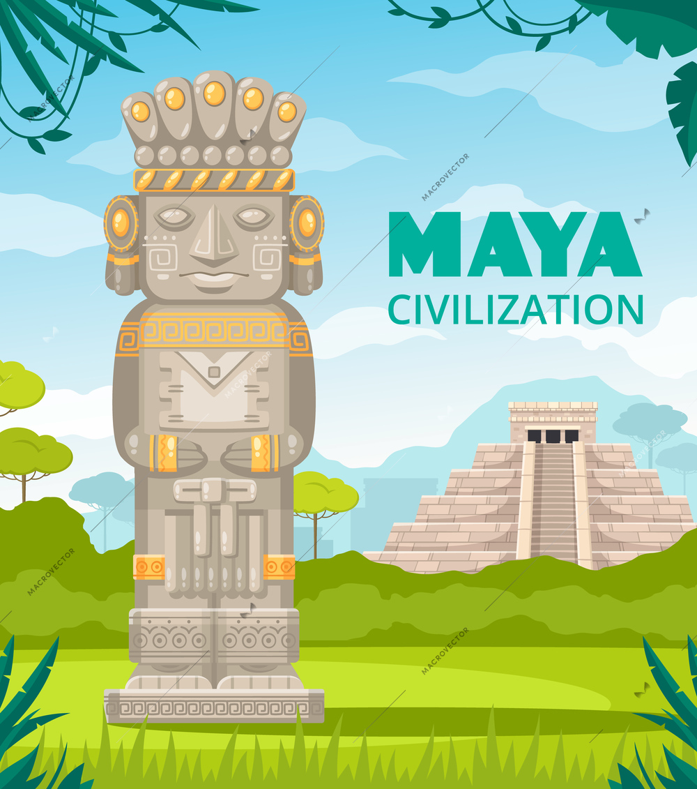 Maya ancient civilization culture architectural monuments staircase temple rulers deity sculpture outdoor cartoon composition vector illustration