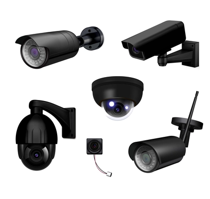 Black video surveillance security cameras realistic and isolated icon set with different types of cameras vector illustration