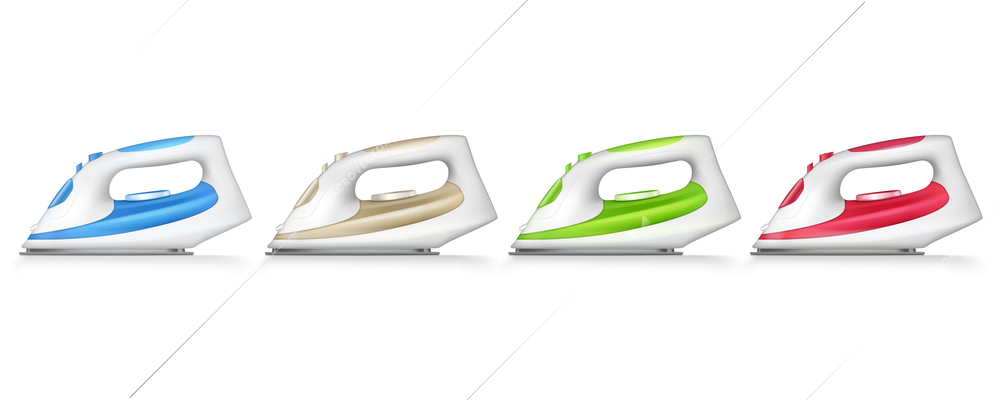 Four color iron ironing isolated and realistic icon set with blue beige green and red colors vector illustration