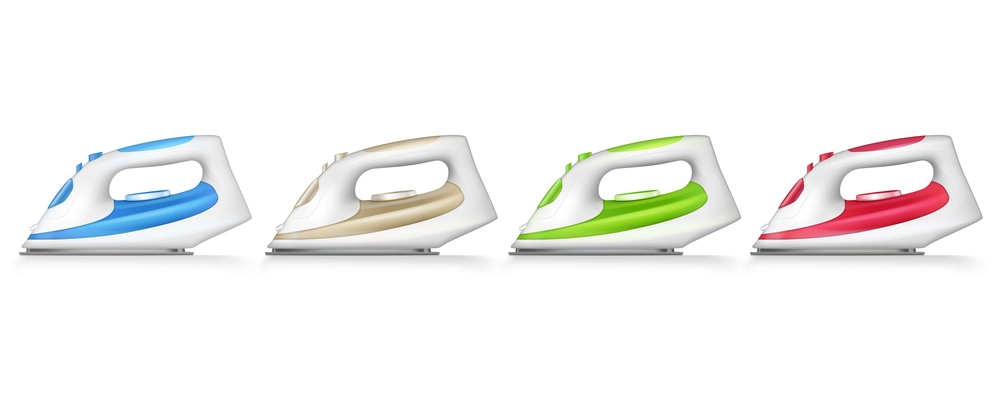 Four color iron ironing isolated and realistic icon set with blue beige green and red colors vector illustration