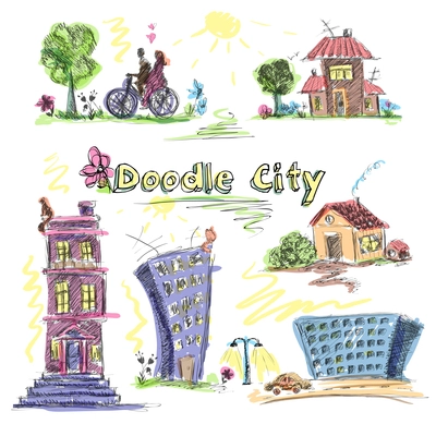 City doodle set colored of modern and old urban buildings isolated vector illustration