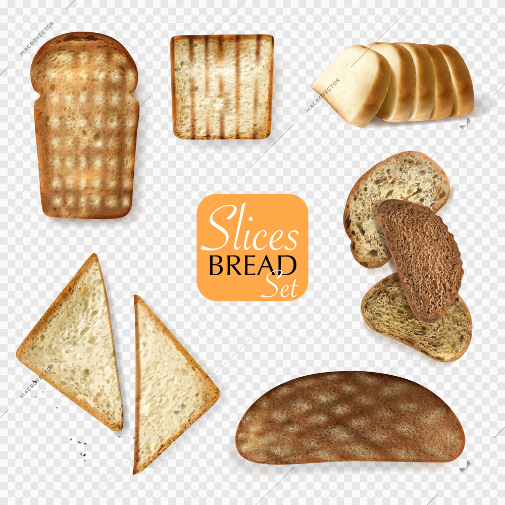 Different bread slices transparent set with variety symbols realistic isolated vector illustration