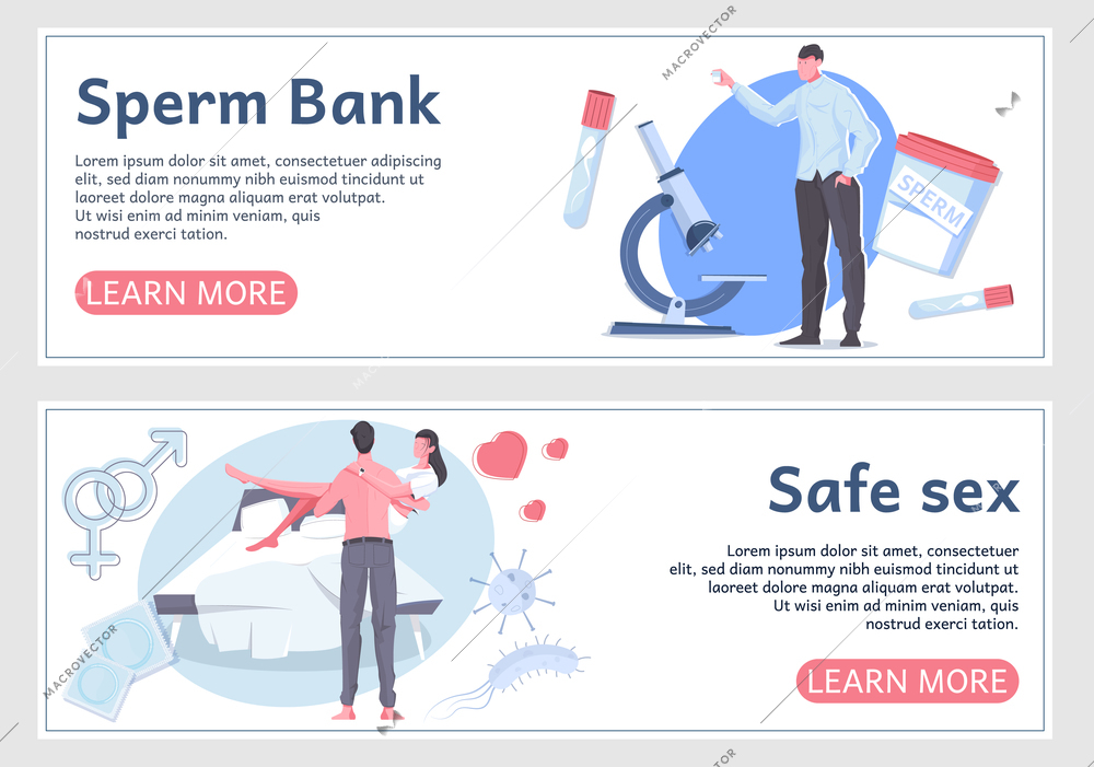 Man sexual health two flat banners with information about sperm bank and safe sex vector illustration