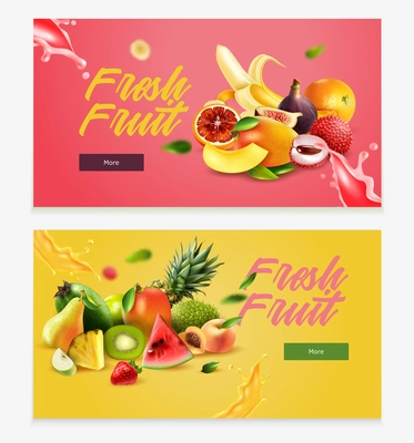 Two horizontal realistic fruits horizontal banner set with fresh fruit headline and more button vector illustration