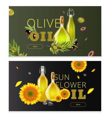 Realistic oil product horizontal banner set with olive oil and sunflower oil headlines vector illustration