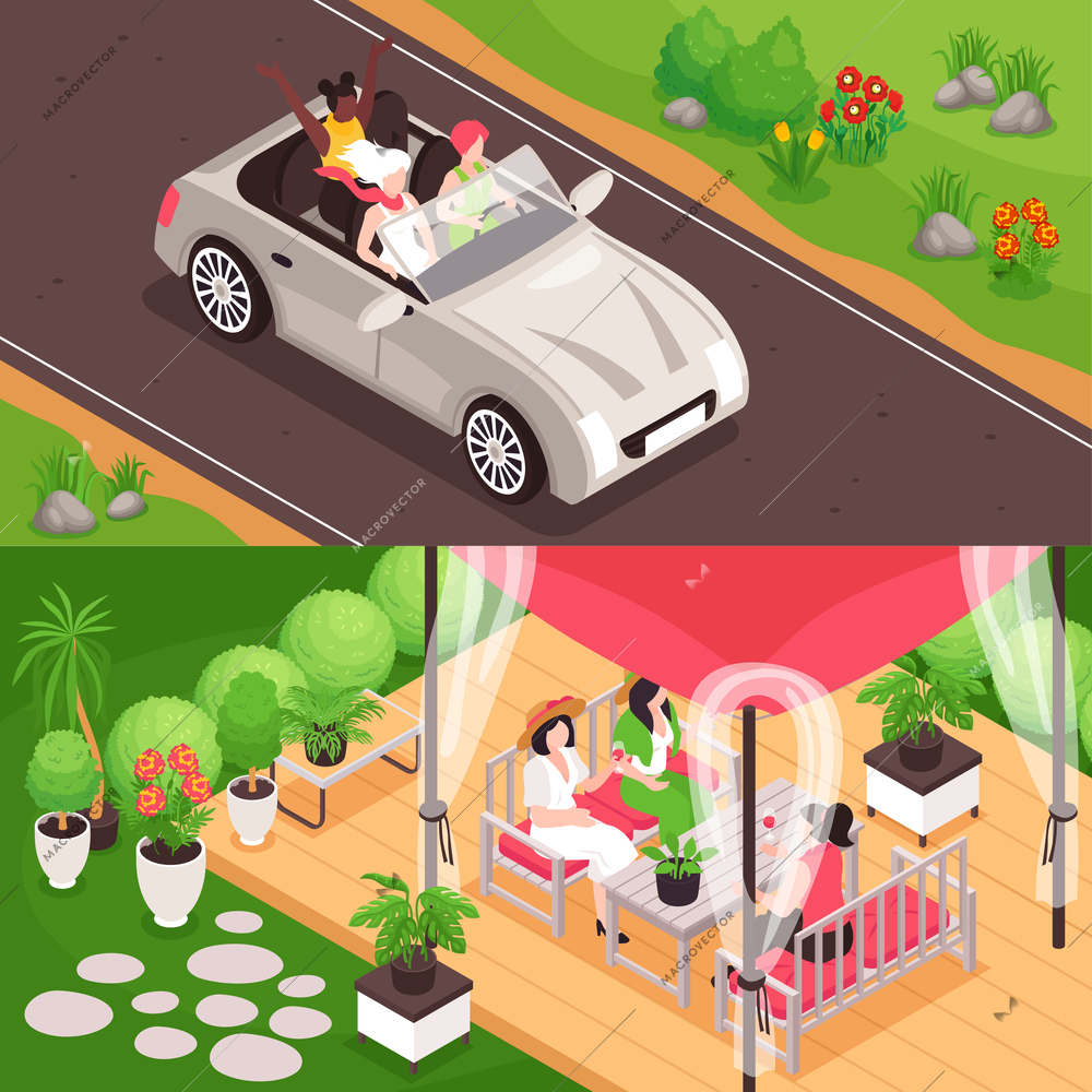 Isometric women friends horizontal banners set with outdoor landscapes car and greenhouse with group of ladies vector illustration