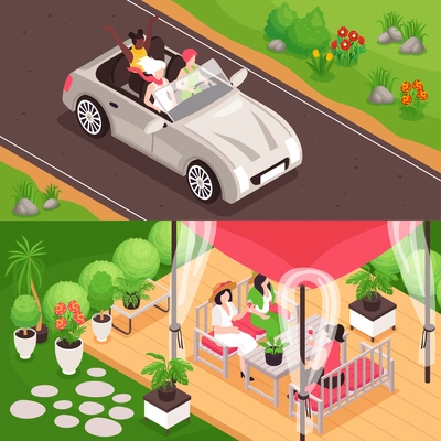 Isometric women friends horizontal banners set with outdoor landscapes car and greenhouse with group of ladies vector illustration