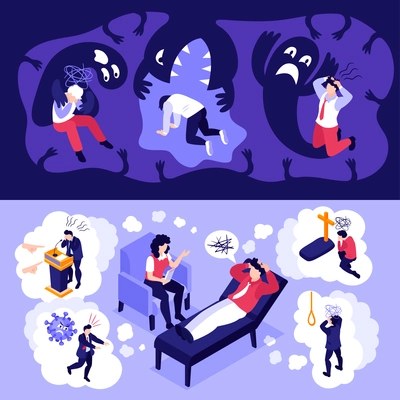 Isometric panic attack people horizontal banners set with suffering people and thought bubbles with nightmare worries vector illustration