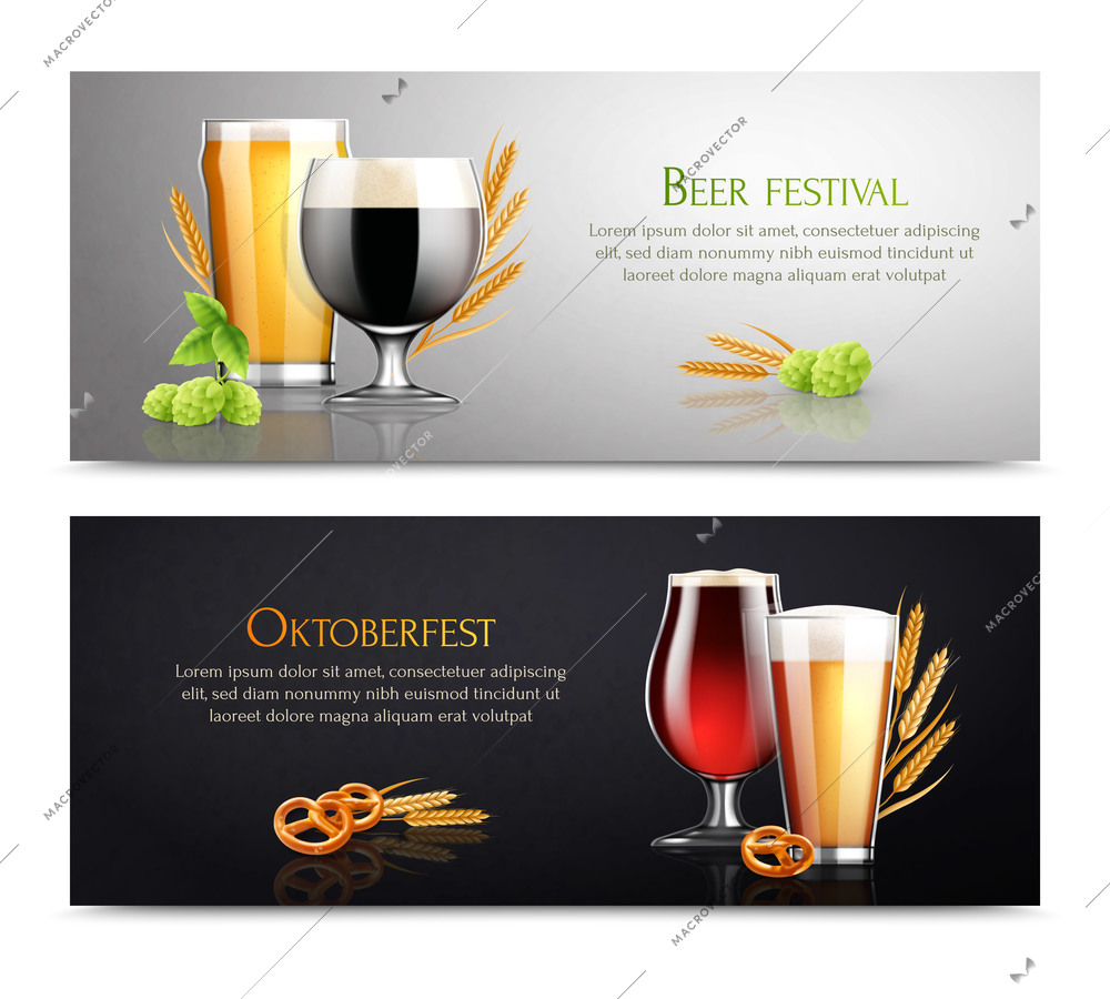 Beer realistic banners with editable text and images of hop plants with beer glasses and cookies vector illustration