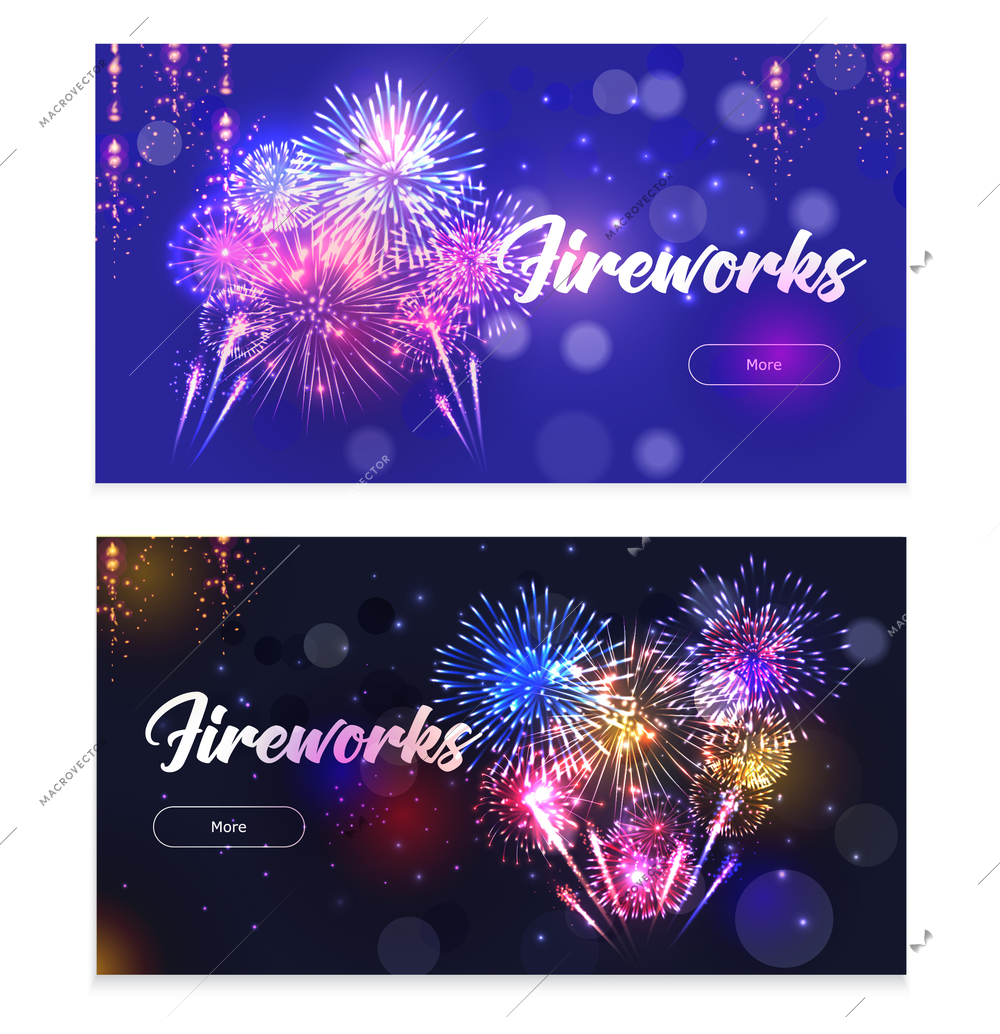 Realistic fireworks set of two horizontal banners with spots of light particles and clickable more button vector illustration