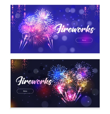 Realistic fireworks set of two horizontal banners with spots of light particles and clickable more button vector illustration