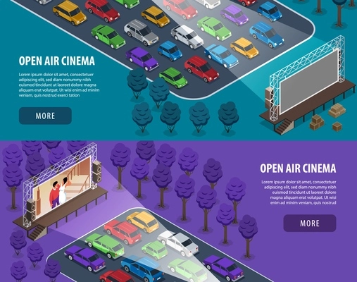 Isometric open air cinema banners with buttons editable text and outdoor views of drive-in theater vector illustration