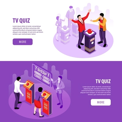 Isometric tv quiz horizontal banners set with players show host scene with buttons and editable text vector illustration