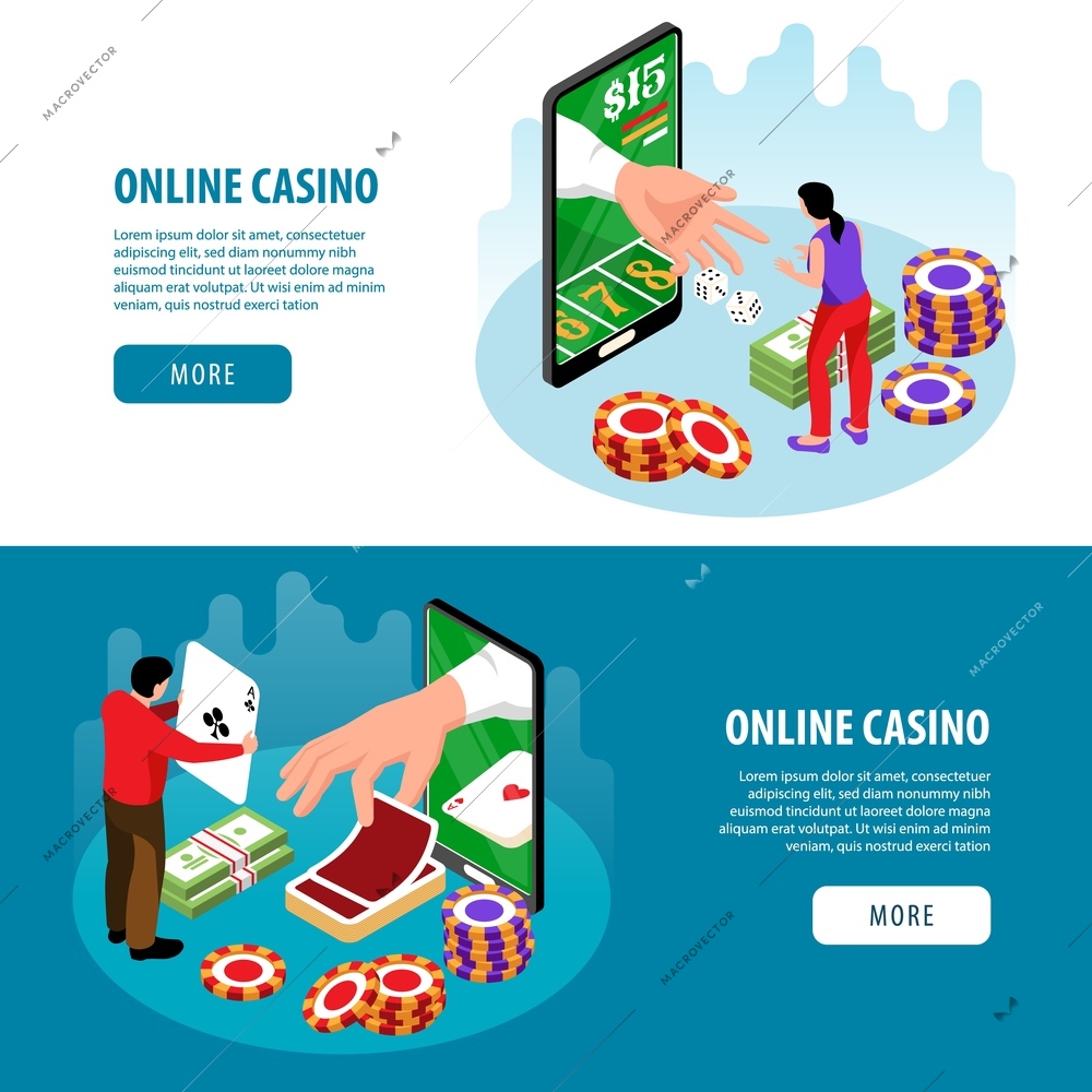 Isometric online casino horizontal banners with images of gaming chips and cash with smartphones and text vector illustration