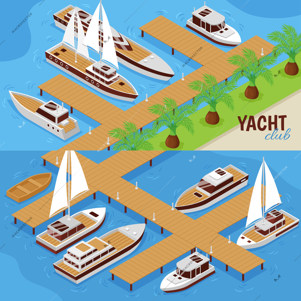 Set of two horizontal banners with yacht club peer and vessels 3d isometric isolated vector illustration