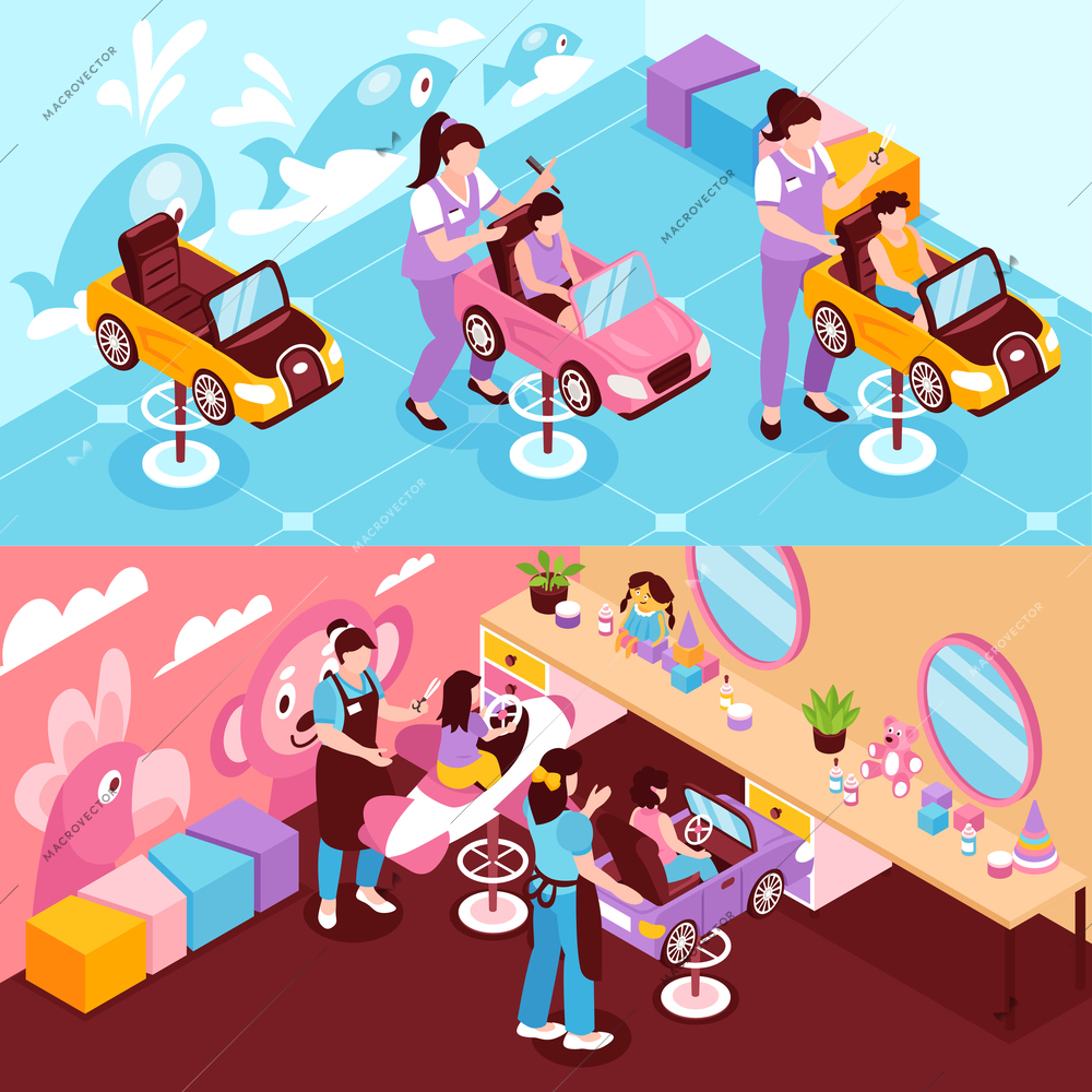 Horizontal isometric banners with children beauty salon interior and barbers at work 3d isolated vector illustration