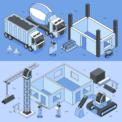 Set of horizontal builders banners with isometric images of construction site materials machinery and human characters vector illustration
