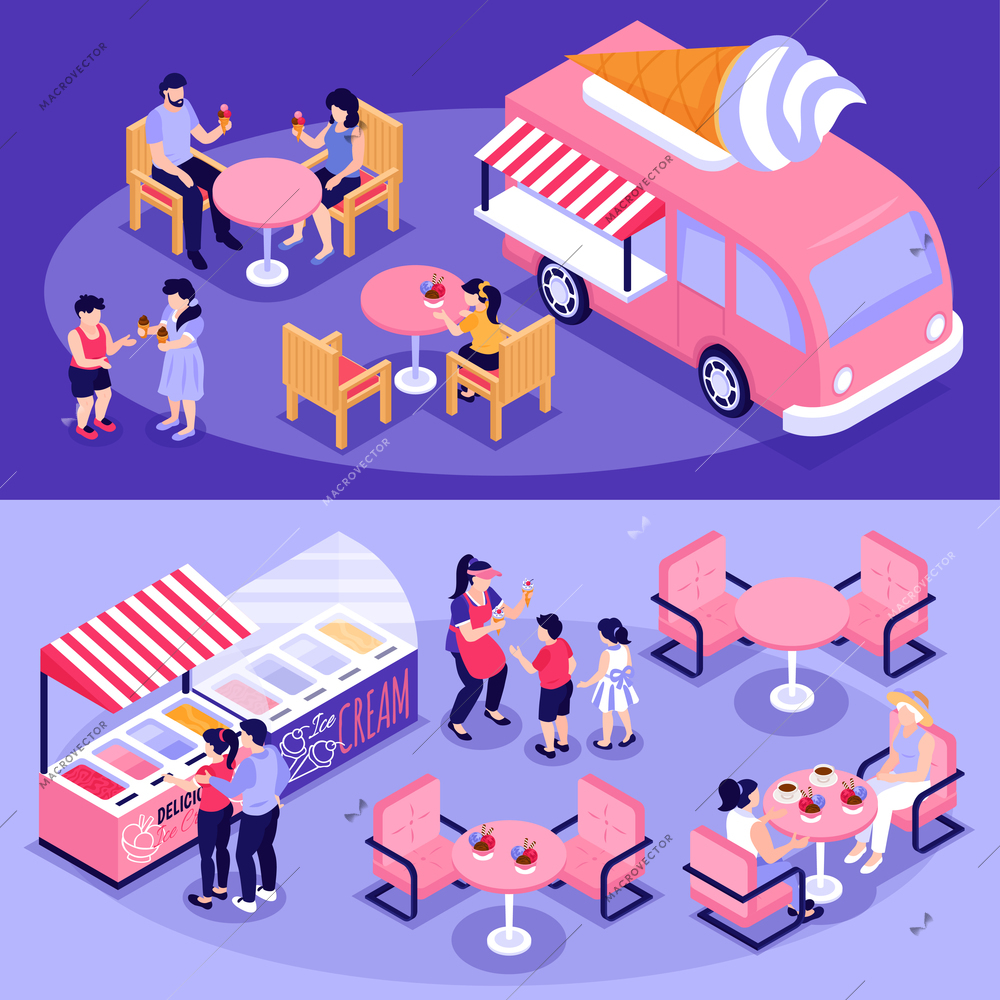 People eating ice cream at street cafe and near van 3d isometric banners set isolated vector illustration