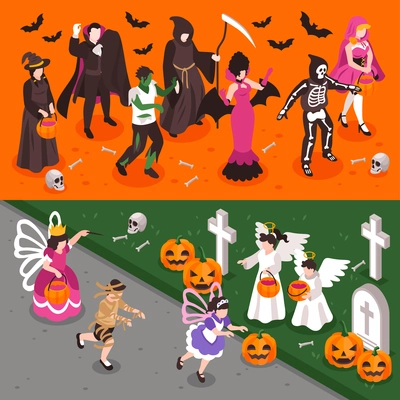 Halloween banners with adults and children wearing party costumes of good and evil creatures isometric isolated vector illustration