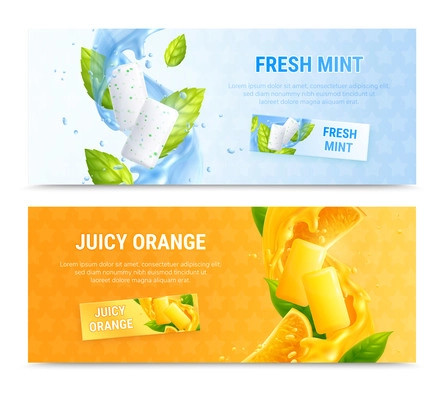 Bubble gum horizontal banner realistic set with mint and orange tastes isolated vector illustration