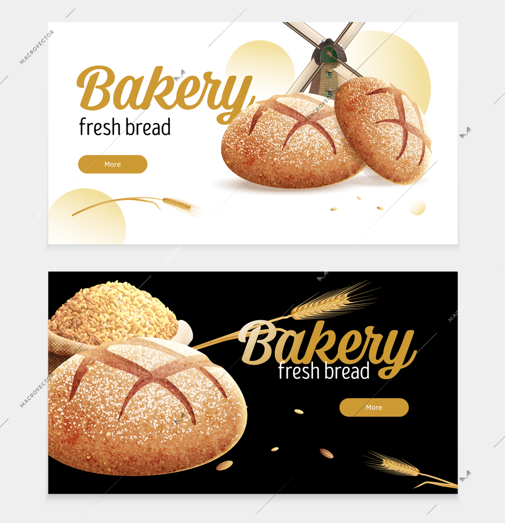 Realistic bread set of two horizontal banners with ornate text buttons and images of round bread vector illustration