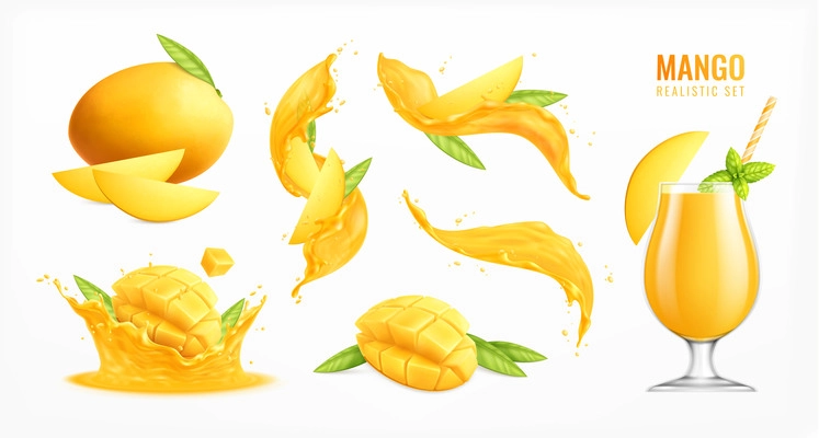 Mango fruit realistic set with fresh juice isolated vector illustration