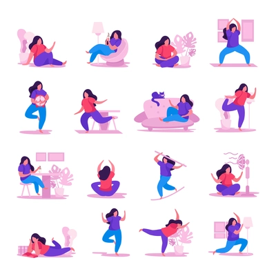 Self care concept flat icon set with different types of rest yoga chill coffee time lotus pose vector illustration