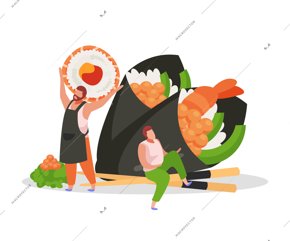 Sushi flat background with two men and japanese food maki and temaki vector illustration