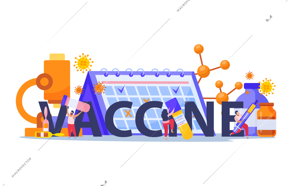 Vaccination colored flat composition with big headline and syringe test tubes calendar microscope vector illustration